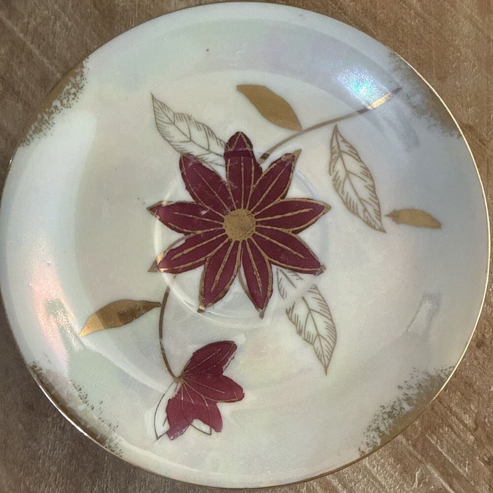 Vintage Antique marked Iridescent Porcelain Cup & Saucer w/ Pink Flowers Dec.